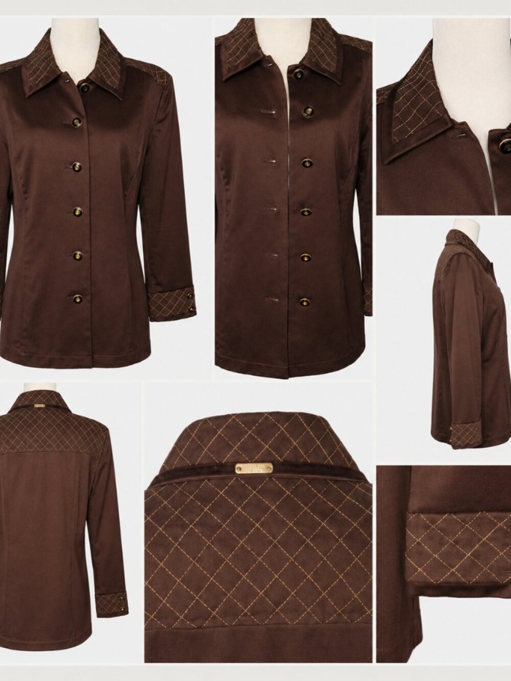 VGUC St John Sport Jacket Womens Medium Brown Quilted Collar Gold Stitch Button